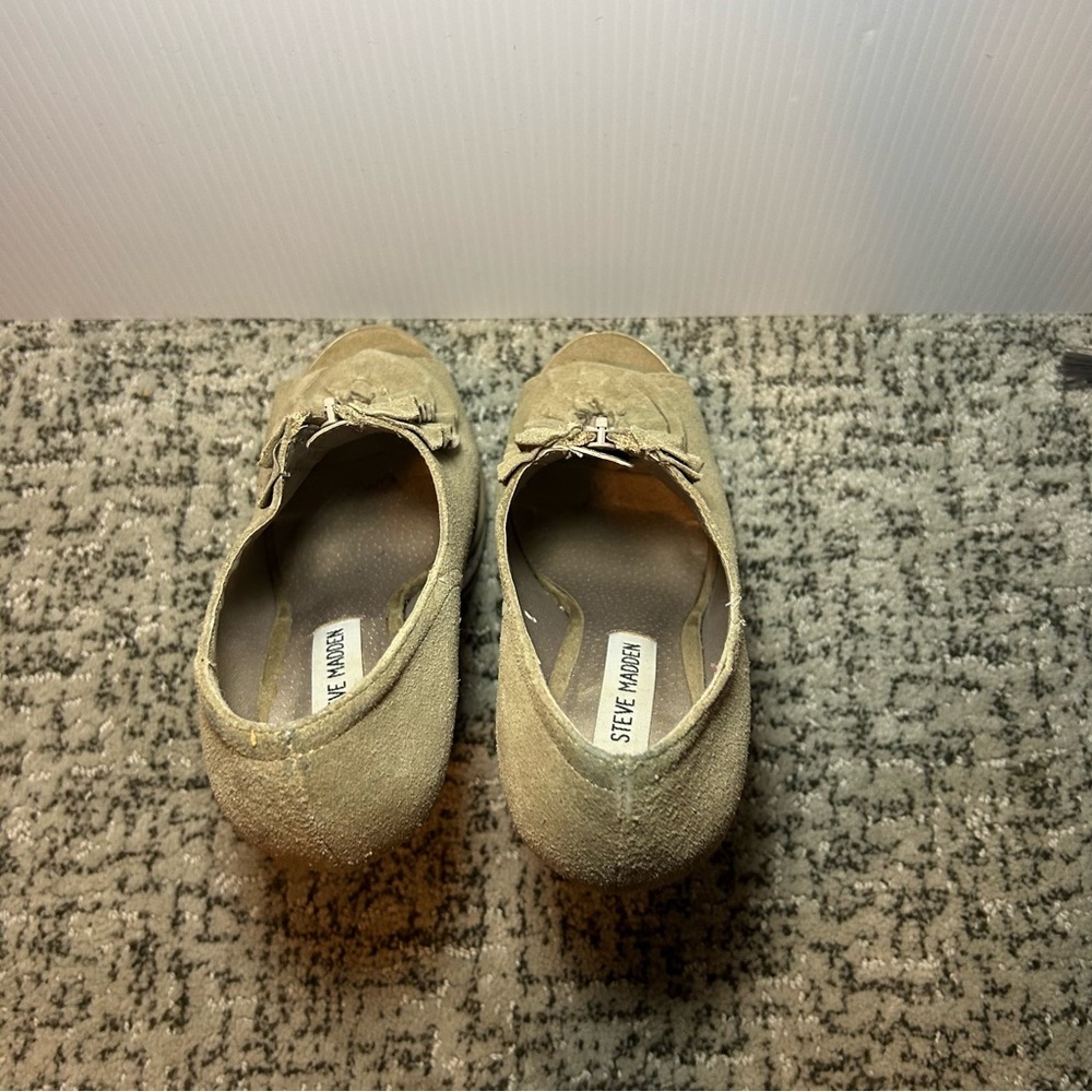 Steve Madden Brown P-Daizy Fringe Suede Peep Toe Heels Size 6.5 - Picture 6 of 11